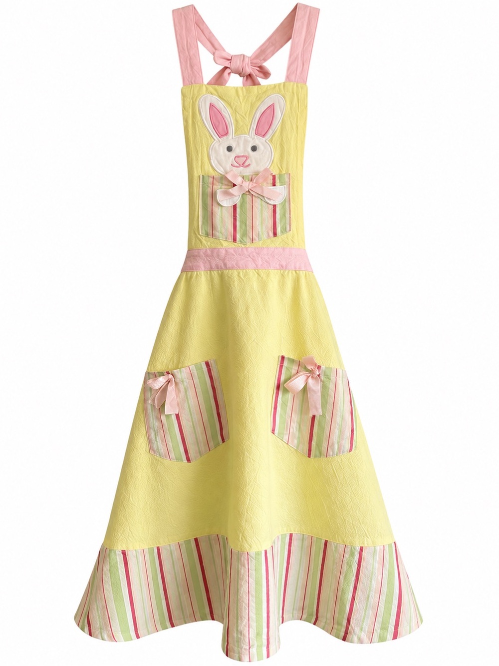 Easter Bunny Yellow Pink Embroidered Cotton Kitchen Apron – One Size EUC